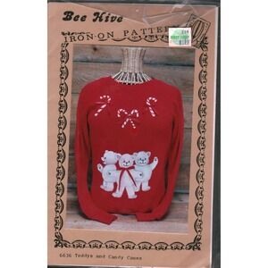 Bee Hive 6636 Teddys and Candy Canes Iron On Pattern Vintage Christmas Transfer